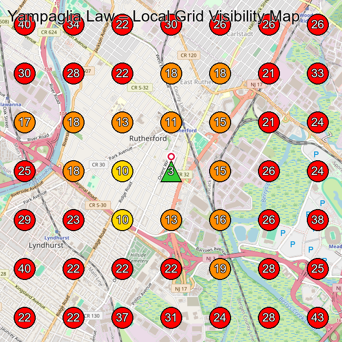 Yampaglia Law GeoGrid visibility map for Personal Injury Attorney in Lyndhurst